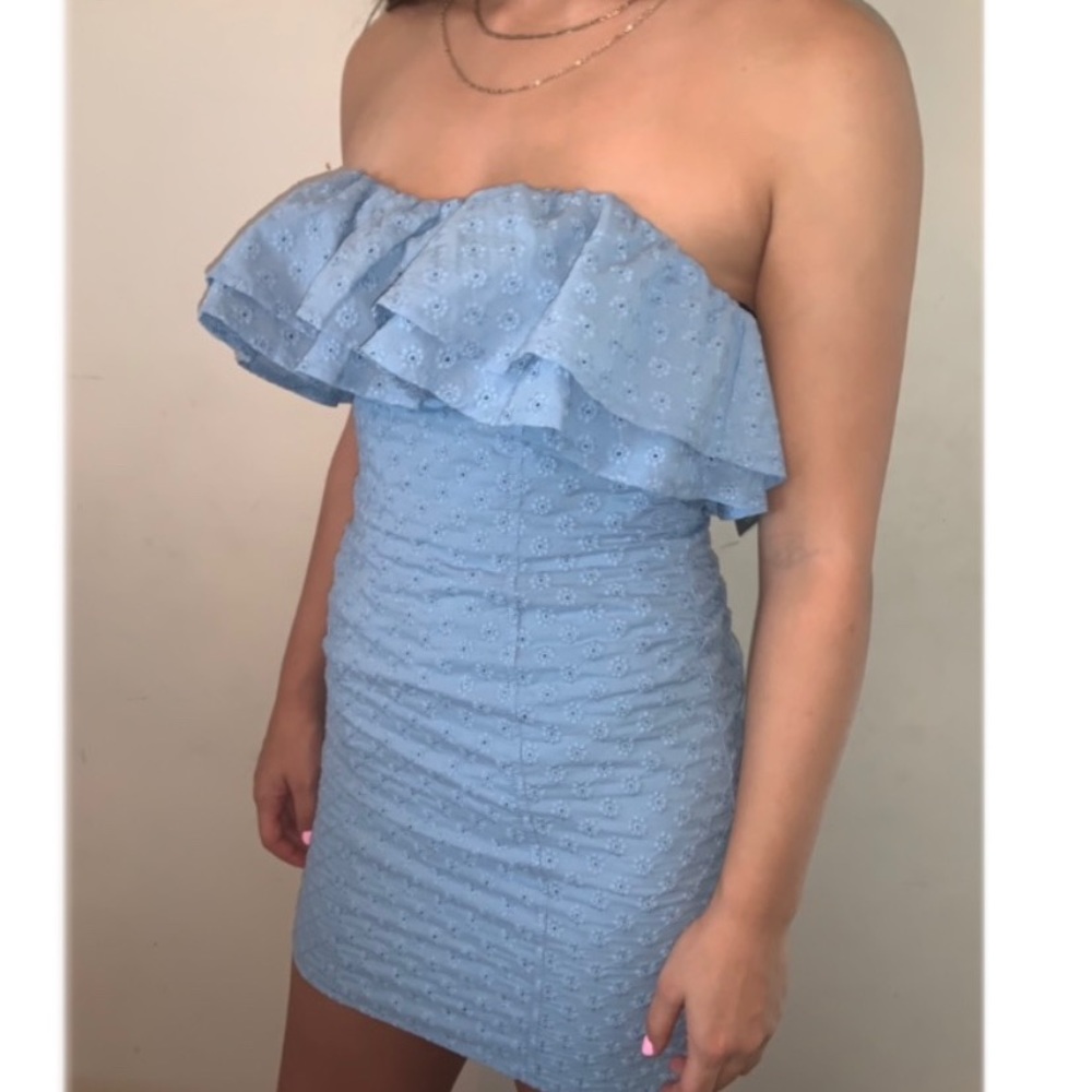 Blue eyelet ruffle strapless mini dress